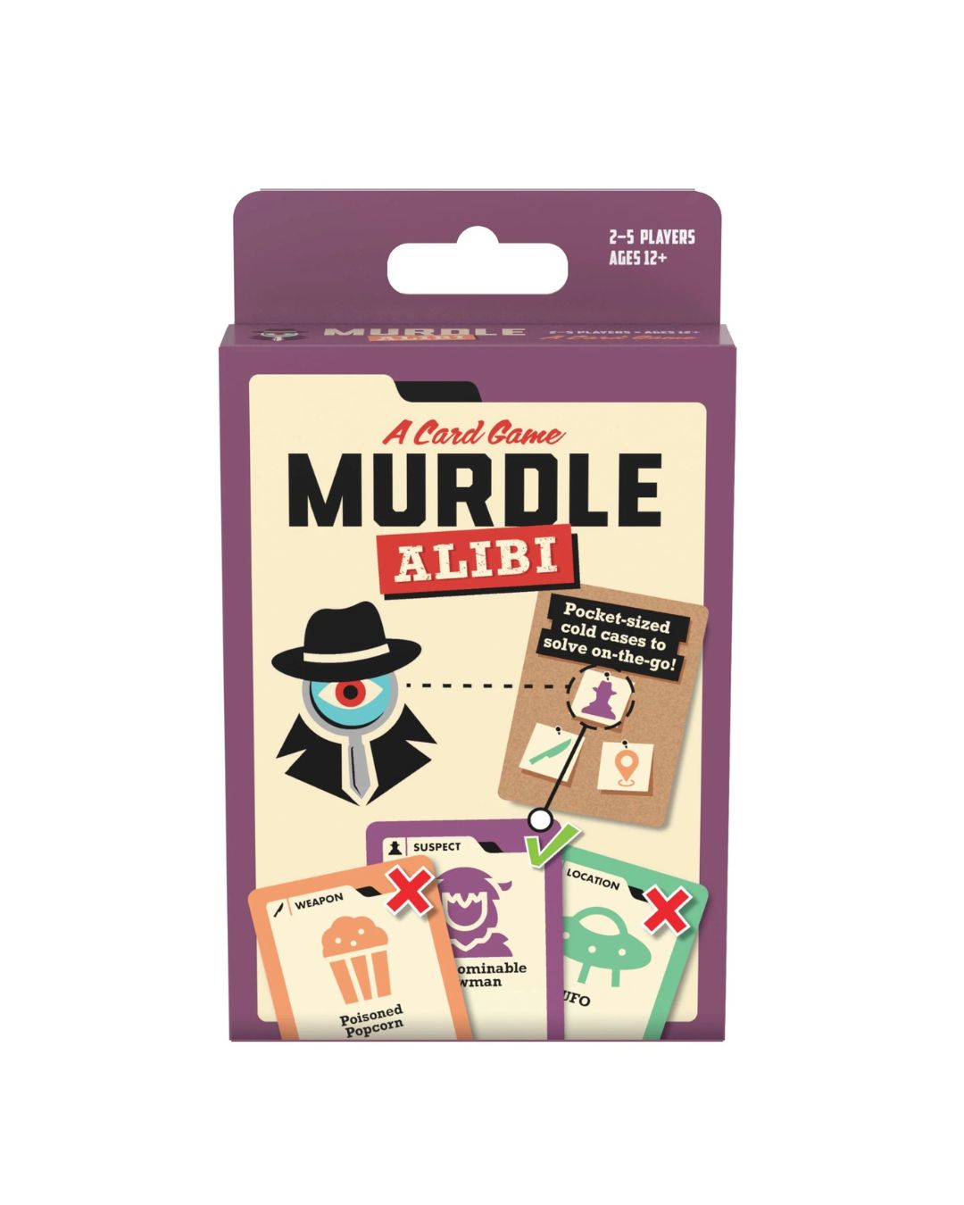 MURDLE ALIBI card game box shown against a plain white background. The packaging is purple with a cream center panel featuring the title 'MURDLE ALIBI' and illustrated detective-themed graphics, including a hat-and-mask figure and sample cards.