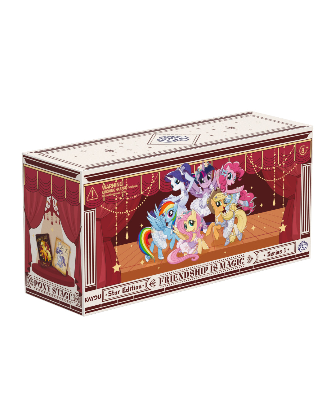 My Little Pony Friendship is Magic: Series 1 Star Edition Booster box featuring the characters Rainbow Dash, Fluttershy, Pinkie Pie, Rarity, Apple Jack and Twilight Sparkle on a stage set with red curtains and gold stars.