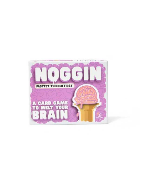 Noggin card game box on a white background, featuring a pink and purple design with the title 'NOGGIN' and an illustration of a brain on an ice cream cone.
