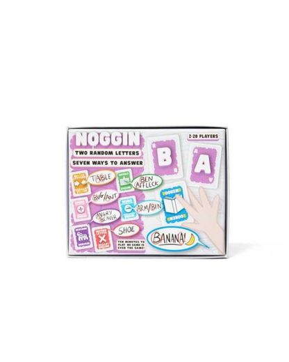 Noggin Two Random Letters board game box, featuring a colorful design with pink and purple letter tiles and illustrated game pieces on a white background.