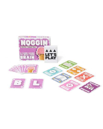 Noggin Brain Card Game set with its box, a 'Let's Play' marker, and several colorful illustrated cards arranged on a white background.