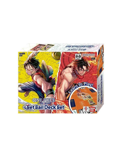 One Piece Card Game: Set Sail Deck Set box featuring anime artwork of Luffy and Zoro, with a yellow and red design and a small inset showing cards inside the deck box.
