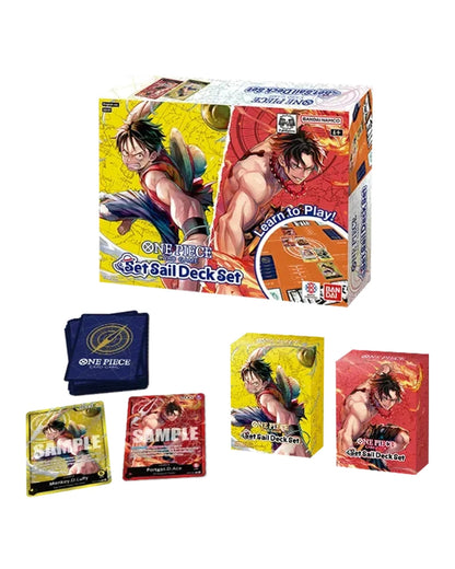One Piece: Card Game- Set Sail Deck box shown with several sample card packs and a stack of blue card sleeves on a plain white background.