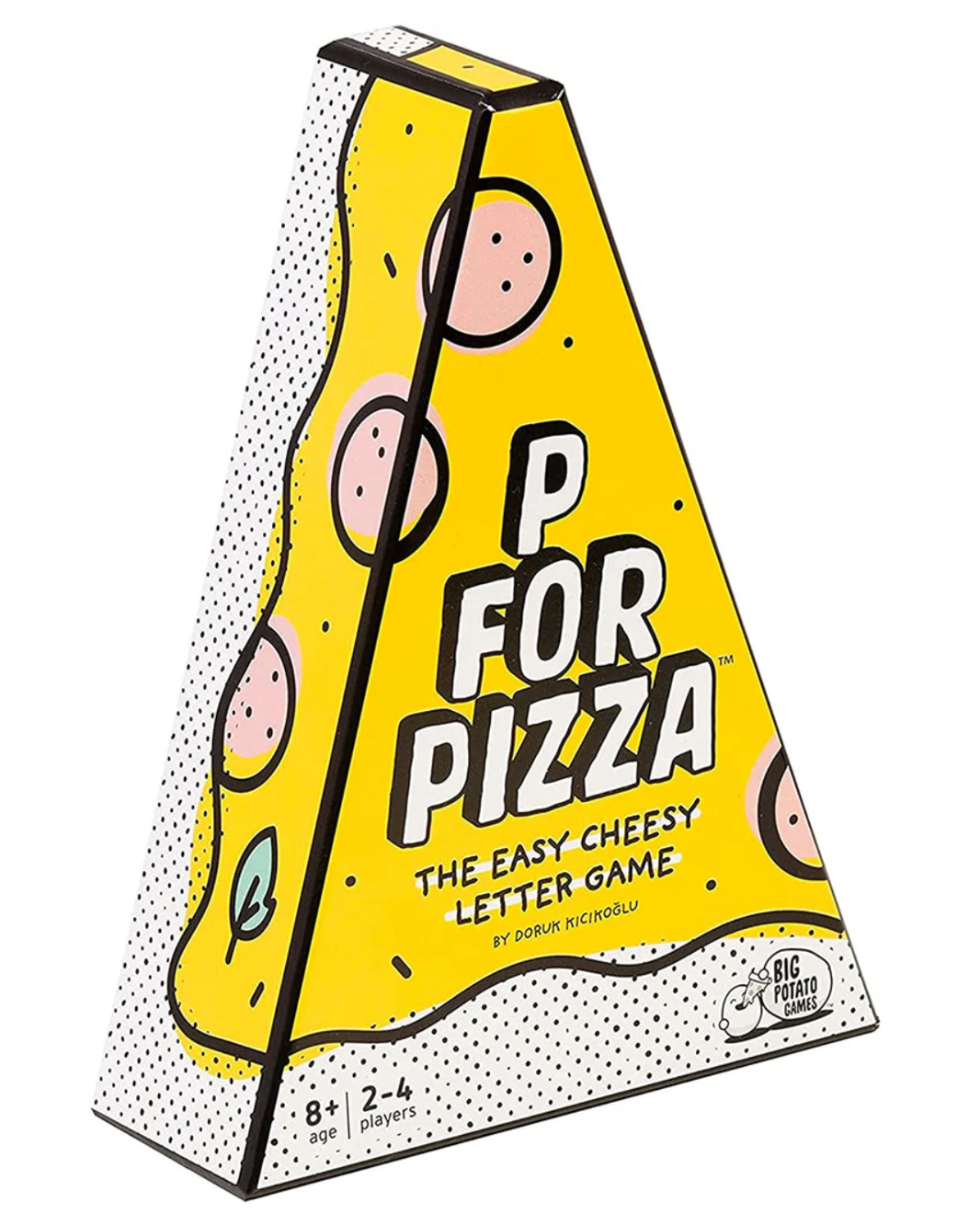 The 'P For Pizza' letter game box by The designed in the shape of a slice of pizza with a bright yellow face, black and white polka dot pattern, and cartoon pepperoni slices.