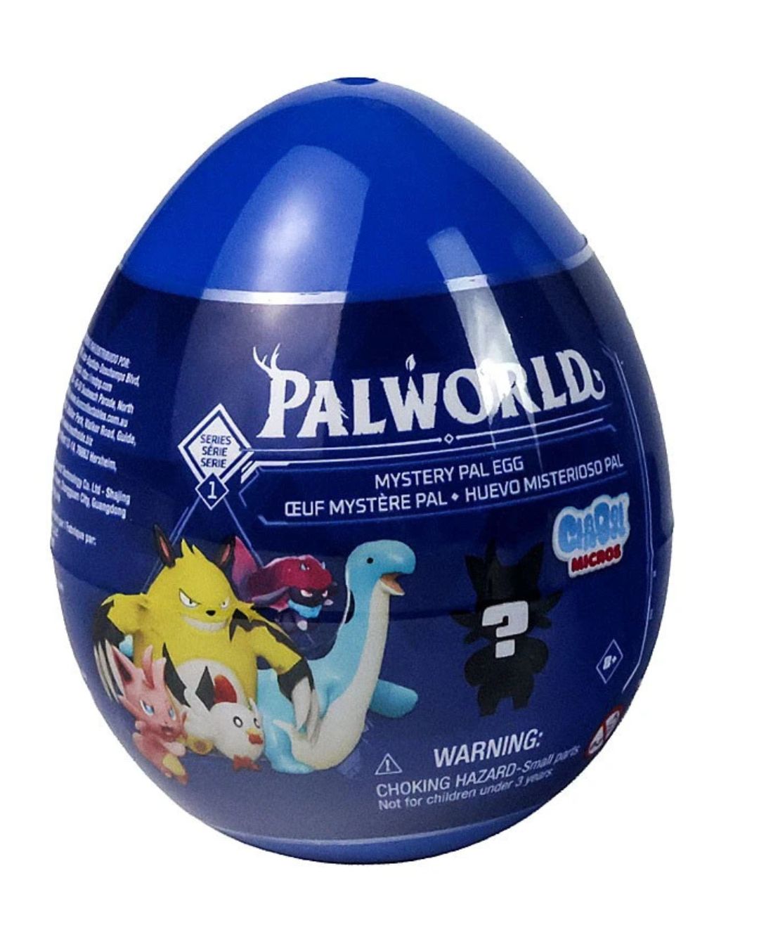 A blue plastic Palworld Mystery Pal Egg toy container with character illustrations and a warning label, photographed on a plain white background.
