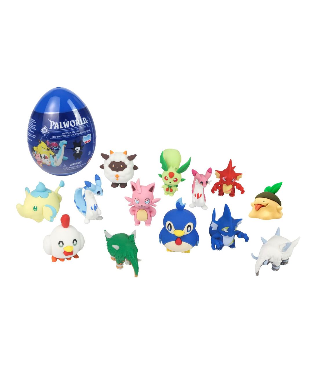A set of small Palworld character figurines arranged in front of a blue plastic egg container on a plain white background.