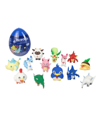 A set of small Palworld character figurines arranged in front of a blue plastic egg container on a plain white background.