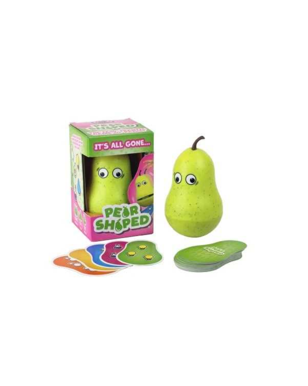 A pear-shaped foot pain relief toy and its packaging box, shown alongside a green foot-shaped cushion on a plain white background.