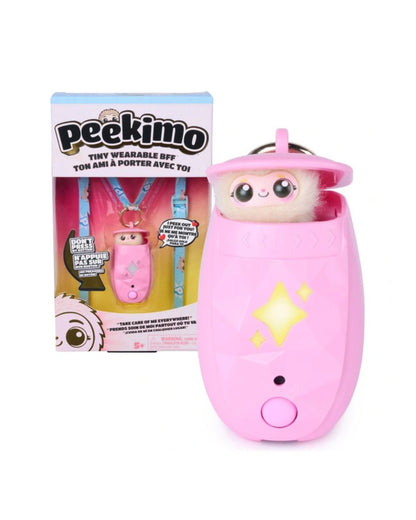 A pink Peekimo wearable toy shown next to its retail box on a white background. The toy is a small fuzzy character peeking out from a pink wearable case with a yellow star graphic and a pink button.