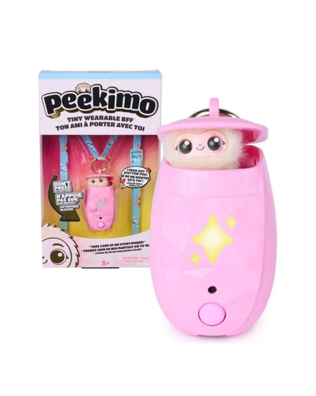 A pink Peekimo wearable toy shown next to its retail box on a white background. The toy is a small fuzzy character peeking out from a pink wearable case with a yellow star graphic and a pink button.