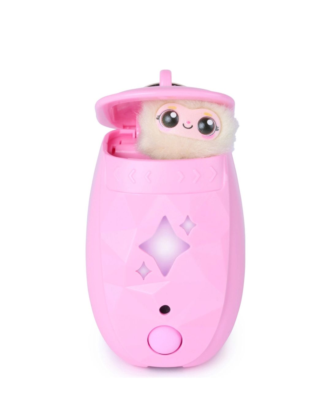 A pink Peekimo Tiny Wearable BFF interactive pet toy  with a peekimo peeking out from the top, set against a plain white background.