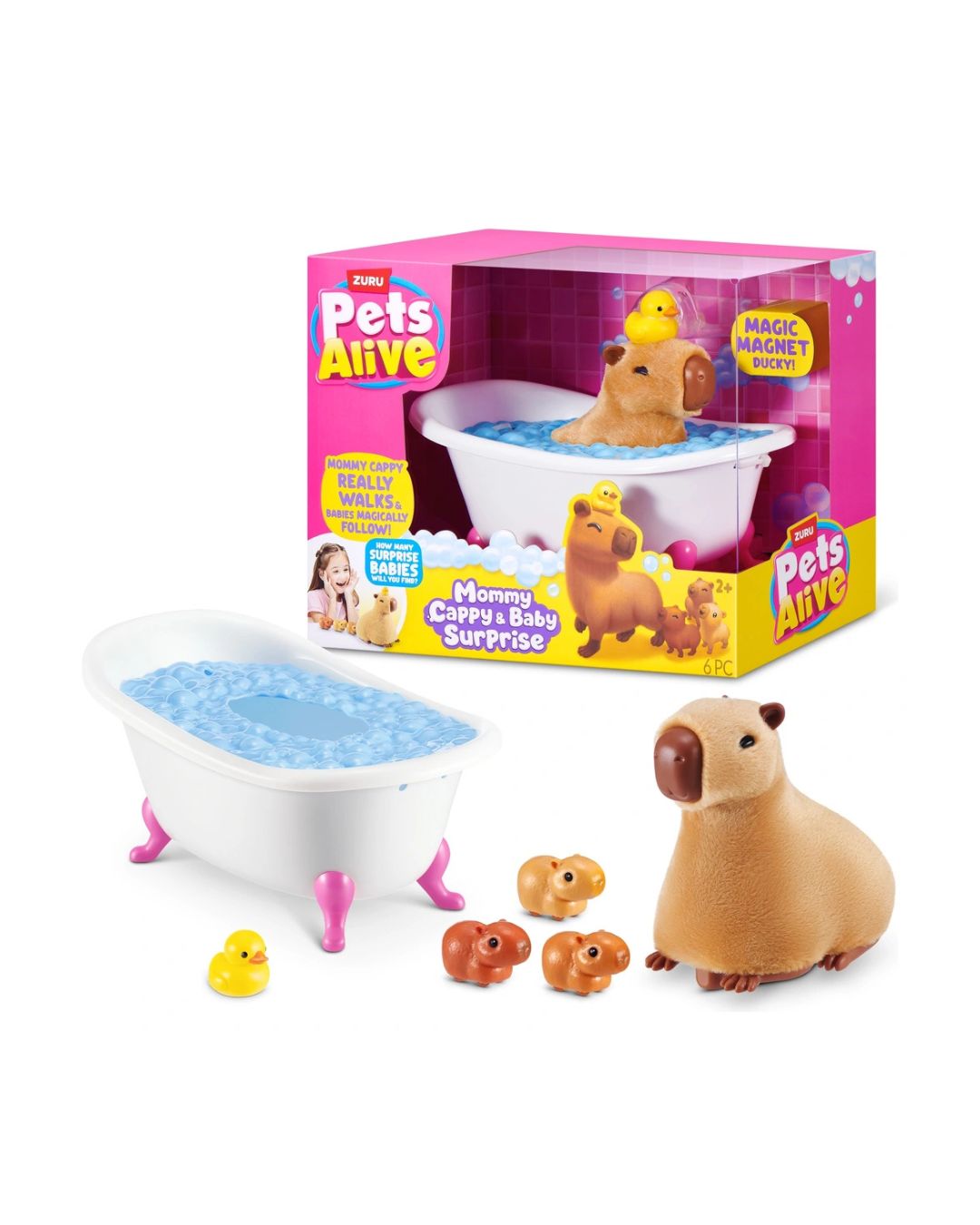 Pets Alive 'Mommy Cappy and Baby Surprise' assortment featuring a capybara figurine, a white bathtub filled with blue bubbles, and a yellow rubber duck, shown alongside its pink and yellow retail packaging box on a white background.