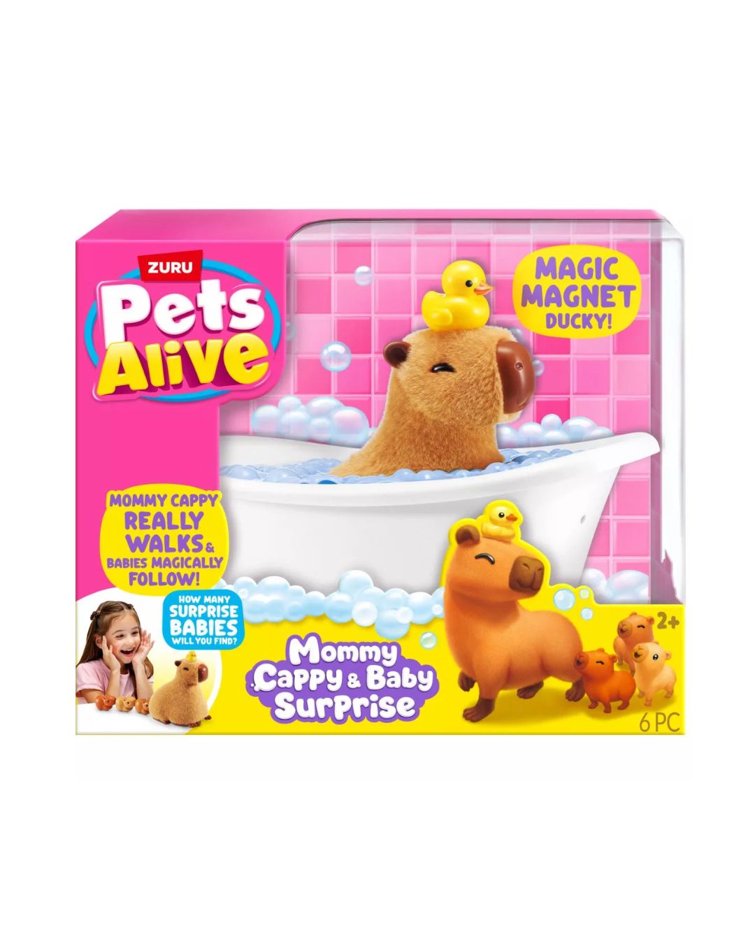 Zuru Pets Alive 'Mommy Cappy & Baby Surprise' toy set in its original retail packaging, featuring a capybara in a white bathtub with blue bubbles, a yellow rubber duck, and three miniature capybaras