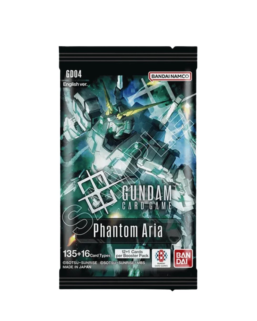 Gundam TCG Phantom Aria Booster Pack, situated on a white background featuring colorful Gundam mecha artwork.