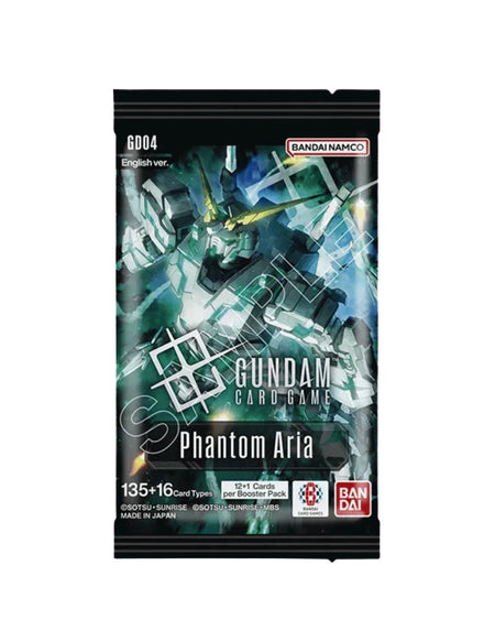 Gundam TCG Phantom Aria Booster Pack, situated on a white background featuring colorful Gundam mecha artwork.