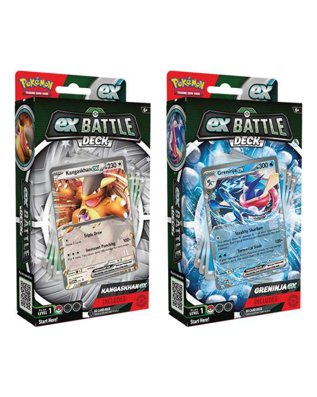 Two Pokémon ex Battle Deck retail packages shown side by side on a plain white background: Kangaskhan ex on the left and Greninja ex on the right.