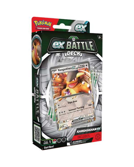 Pokémon Ex Battle Deck Kangaskhan EX Battle Deck  in its original retail packaging, featuring a silver and black design with a clear window displaying the card deck inside.