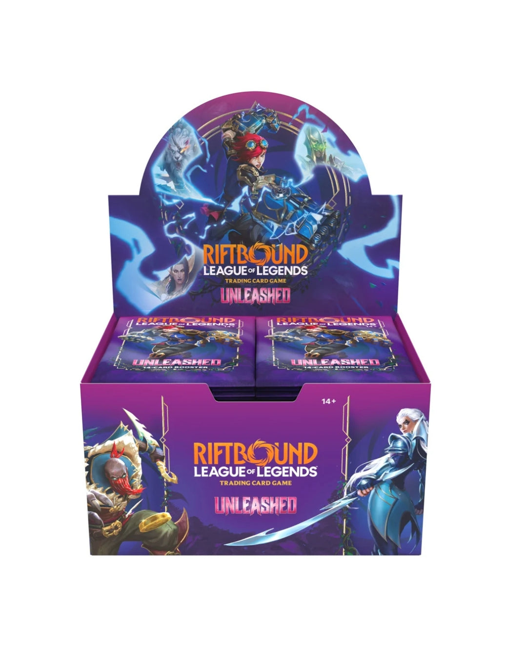 A display booster box of Riftbound League of Legends trading card packs, featuring purple packaging with character illustrations and the Riftbound branding.
