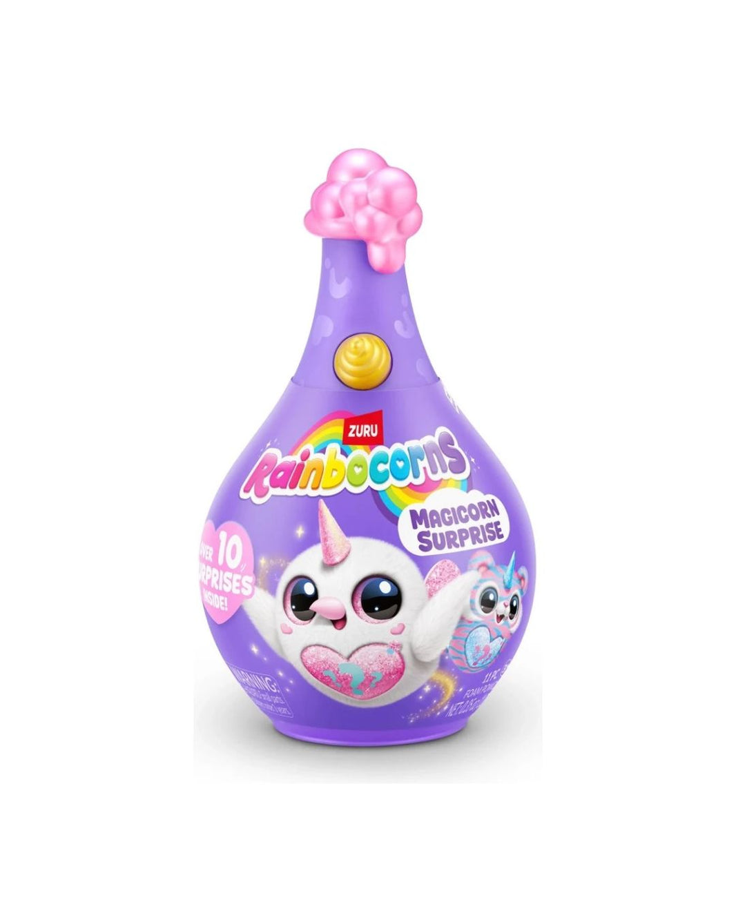 A purple bottle-shaped container of Zuko Rainbow Magicorns Magicorn Surprise, featuring a cute cartoon unicorn design and a pink cloud-shaped cap, on a white background.