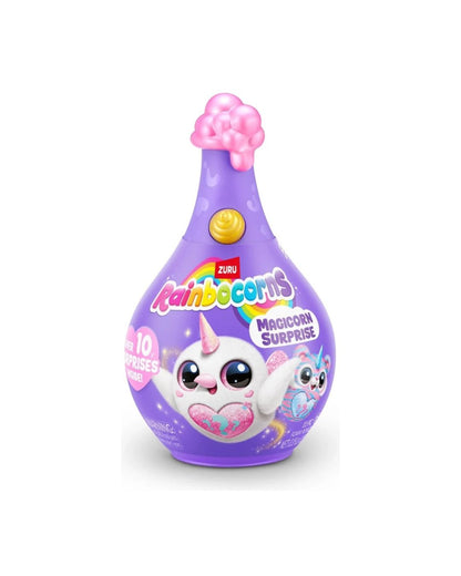 A purple bottle-shaped container of Zuko Rainbow Magicorns Magicorn Surprise, featuring a cute cartoon unicorn design and a pink cloud-shaped cap, on a white background.