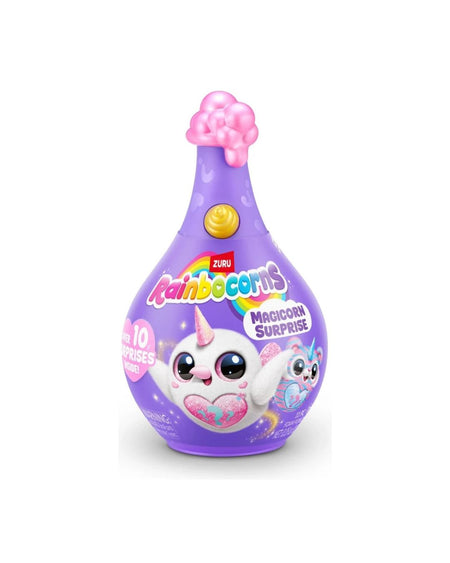 A purple bottle-shaped container of Zuko Rainbow Magicorns Magicorn Surprise, featuring a cute cartoon unicorn design and a pink cloud-shaped cap, on a white background.