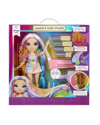 Amaya's Hair Studio doll set by Rainbow, featuring a doll with long pastel rainbow hair and a matching multicolor hair styling kit inside its retail packaging.