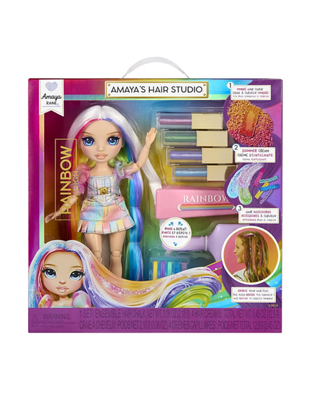Amaya's Hair Studio doll set by Rainbow, featuring a doll with long pastel rainbow hair and a matching multicolor hair styling kit inside its retail packaging.