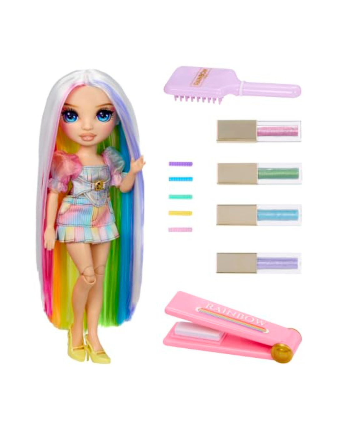 Rainbow doll with long rainbow hair, a pastel rainbow outfit, and included accessories: a pink hairbrush, five colored sticks, and a pink hair clipper on a white background.