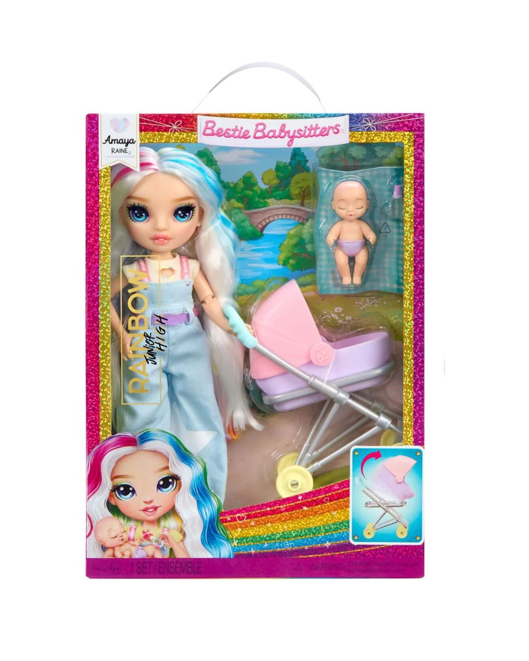 Anaya Bestie Babysitterdoll set in its original retail packaging, featuring a blonde doll with blue hair, a pink stroller, and a small baby doll in a clear bubble, all set against a plain white background.