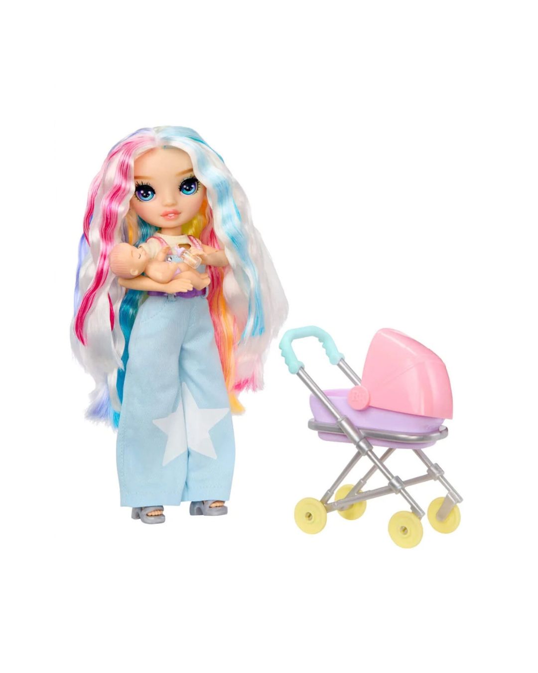 A Rainbow High Jr. Bestie Babysitter Doll, with long pastel rainbow hair stands next to a small pink and purple toy stroller on a plain white background.