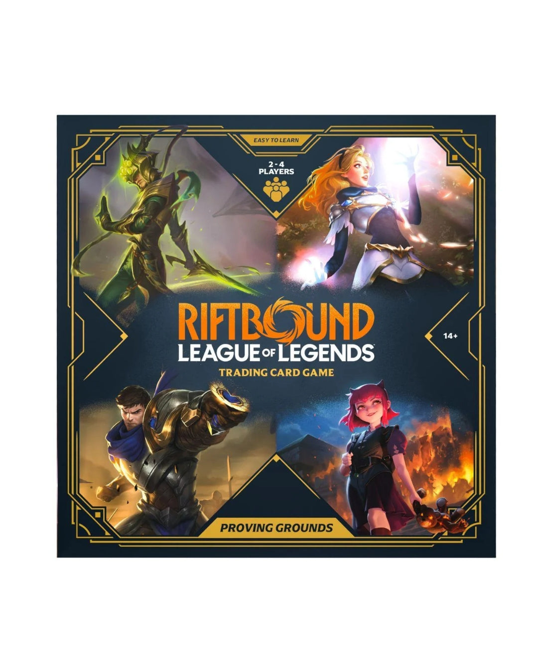Riftbound League of Legends Trading Card Game box for Proving Grounds, featuring fantasy character illustrations on a dark navy background with gold borders.