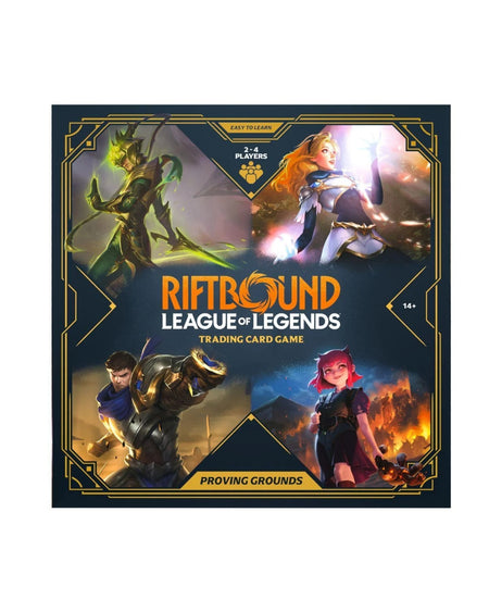 Riftbound League of Legends Trading Card Game box for Proving Grounds, featuring fantasy character illustrations on a dark navy background with gold borders.