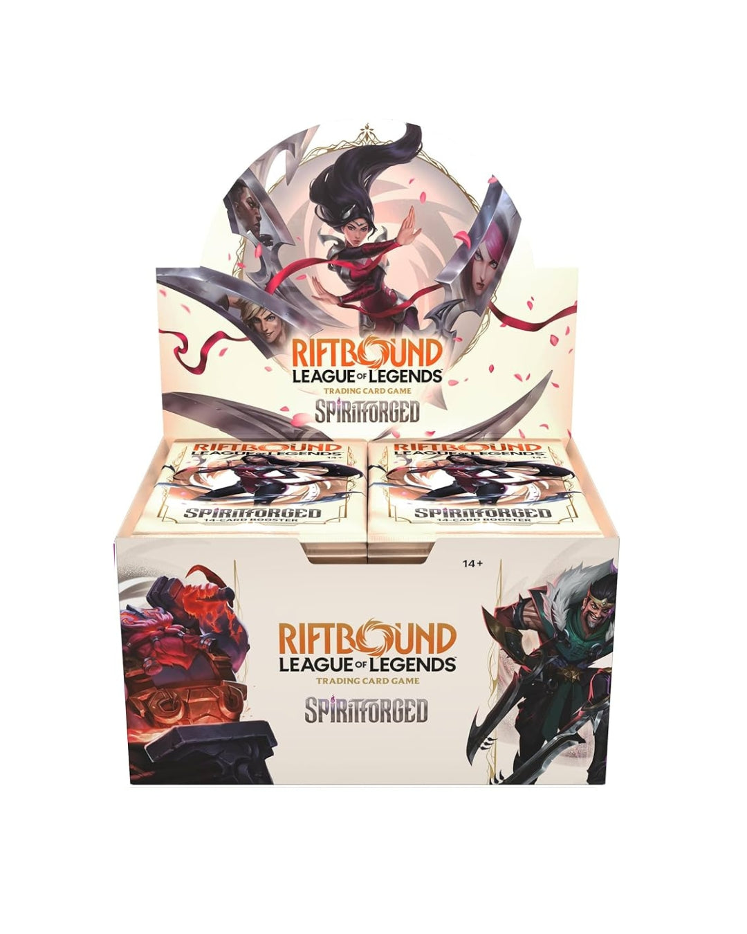 RIftbound Set Two: Spiritforged Booster Box displaying individual booster packs, situated on a white background.