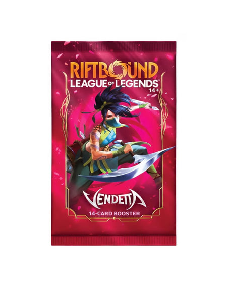 Riftbound League of Legends Vendetta 14-card booster pack featuring an illustration of the character Vendetta on a vibrant magenta and pink background.