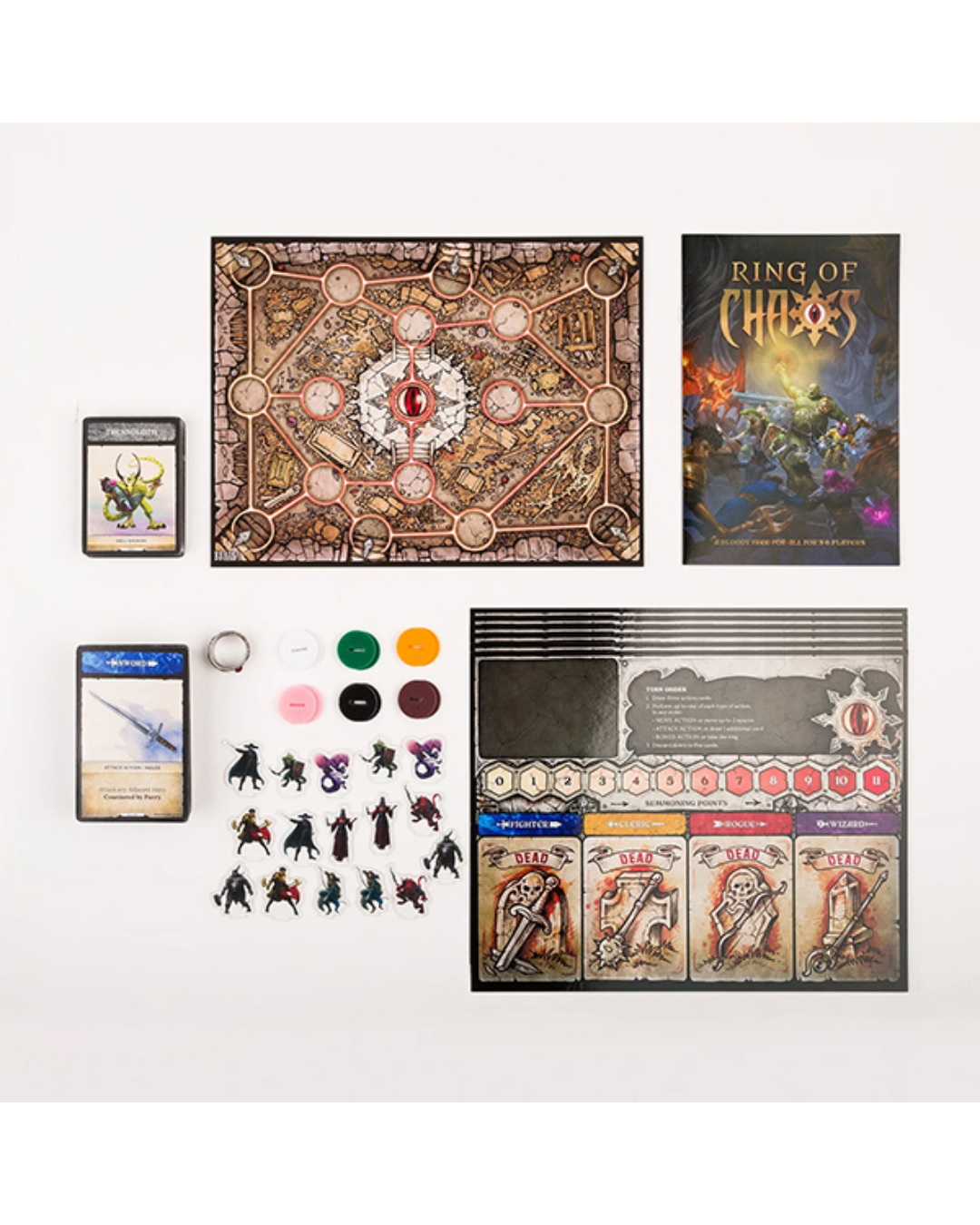 Ring of Chaos board game set laid out on a white background, including the board, player card, character cards, dice, tokens, and game box.