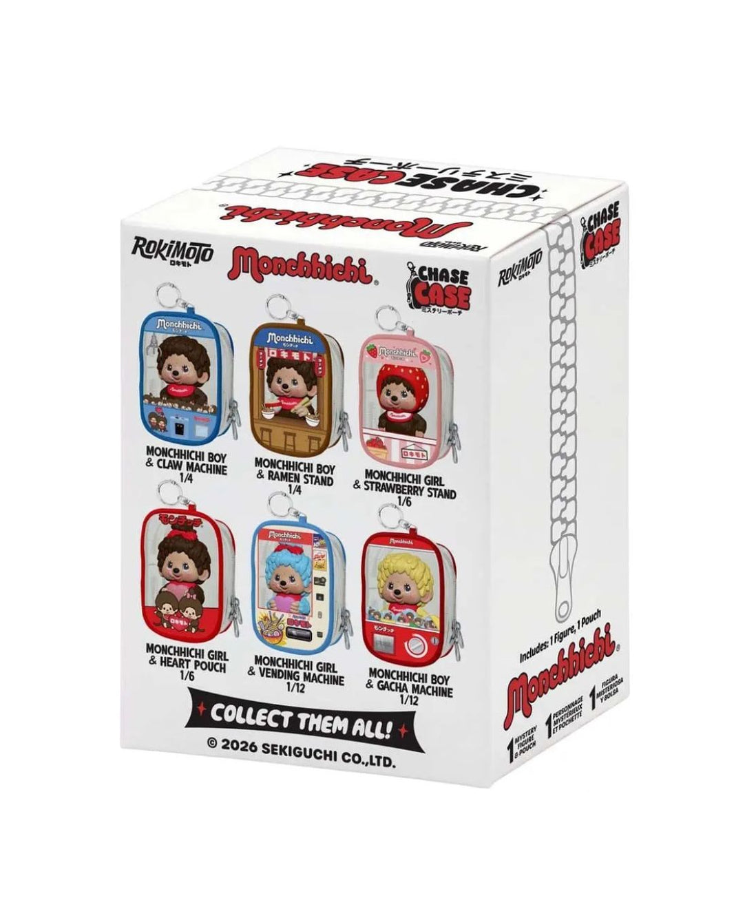 A white collectible display box by Rokimoto featuring 6 collectible keychains including Monchhichi Boy (Claw Machine), Monchhichi Boy (Ramen Stand), Monchhichi Girl (Strawberry Stand), Monchhichi Girl (Heart Pouch), Monchhichi Girl (Vending Machine) & Monchhichi Boy (Gacha Machine).