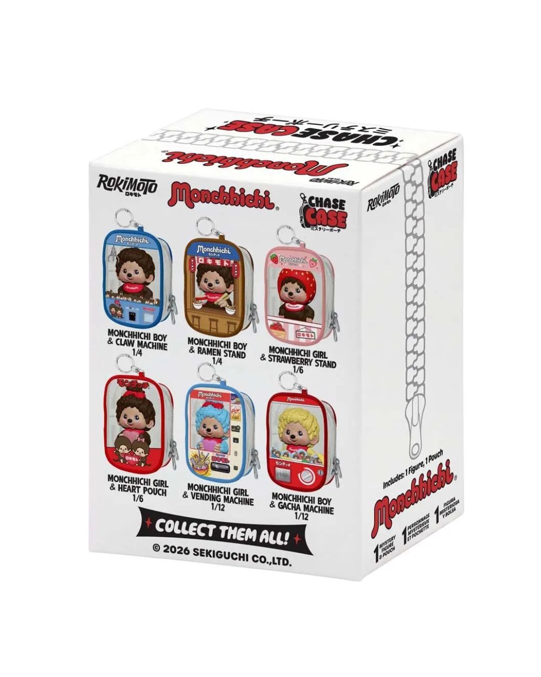 A white collectible display box by Rokimoto featuring 6 collectible keychains including Monchhichi Boy (Claw Machine), Monchhichi Boy (Ramen Stand), Monchhichi Girl (Strawberry Stand), Monchhichi Girl (Heart Pouch), Monchhichi Girl (Vending Machine) & Monchhichi Boy (Gacha Machine).