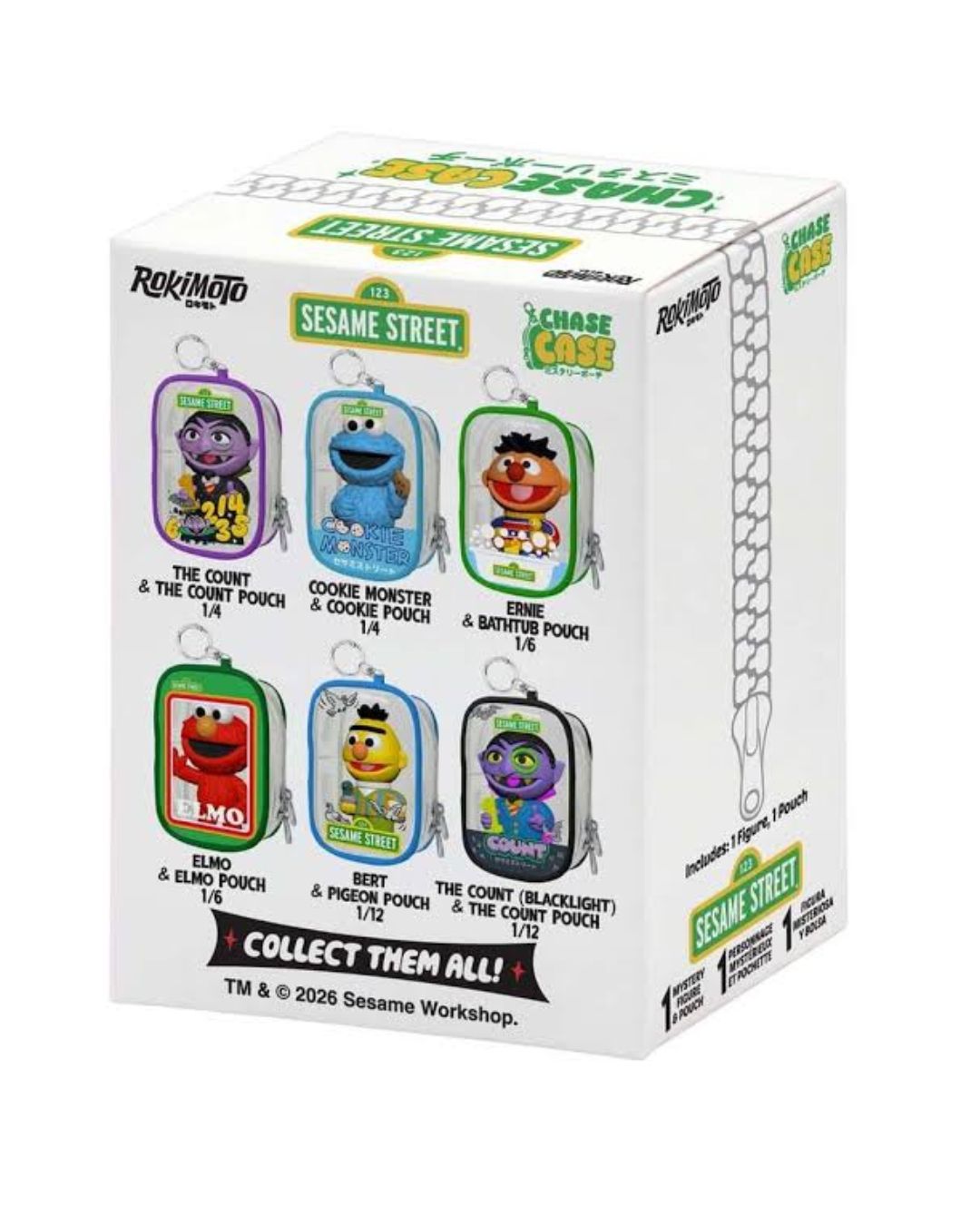  Sesame Street blind box by Rokimoto featuring six different character pouches, including The Count, The Count (Blacklight), Cookie Monster. Ernie, Bert & Elmo. 