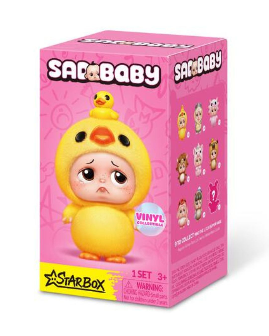A pink Starbaby vinyl mystery figure box featuring a sad yellow duck-cloaked baby character with a small yellow duck on its head, shown on a white background.