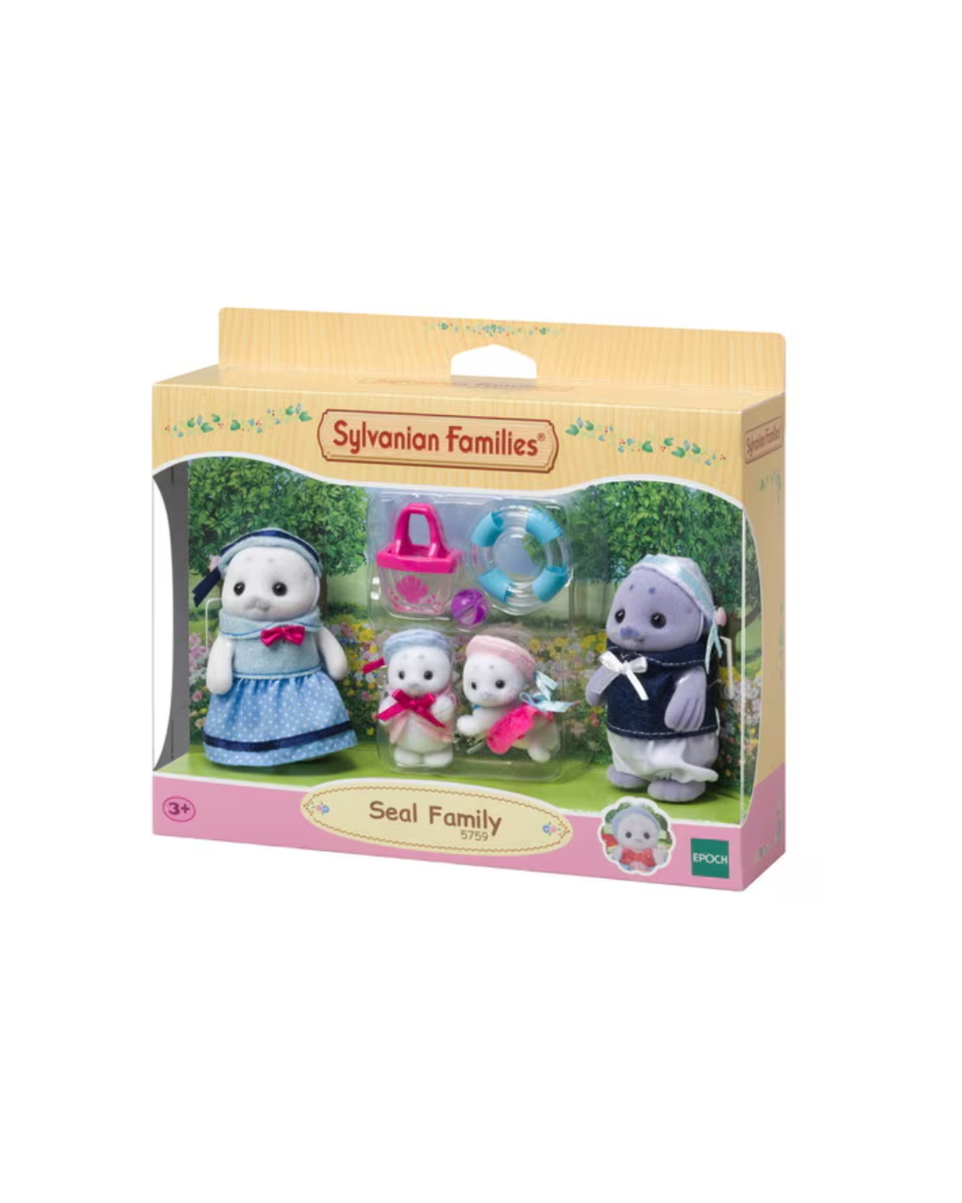 Sylvanian Families Seal Family of four in product packaging wearing marine themed outfits. The family contains  mother, father and two cubs. 
