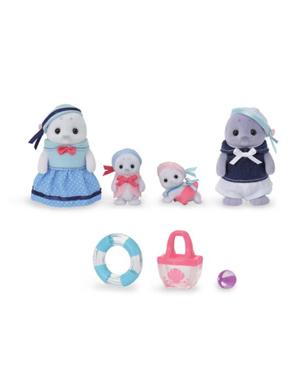 Sylvanian Families Seal Family of four lined up wearing marine themed outfits. The family contains  mother, father and two cubs.  The figurines are   lined in front of a blank background with accessories.