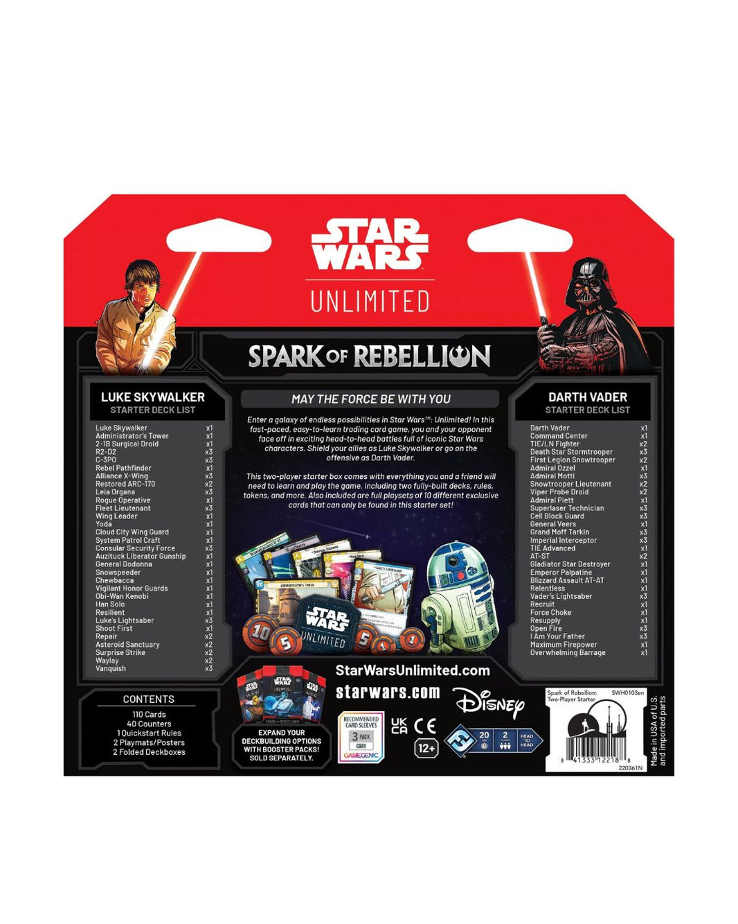 Star Wars Unlimited Spark of Rebellion Starter Deck Box Back Card, featuring Luke Skywalker and Darth Vader artwork, product details, and Disney branding.