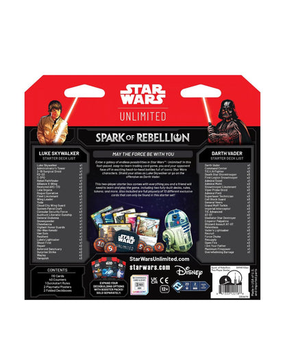 Star Wars Unlimited Spark of Rebellion Starter Deck Box Back Card, featuring Luke Skywalker and Darth Vader artwork, product details, and Disney branding.