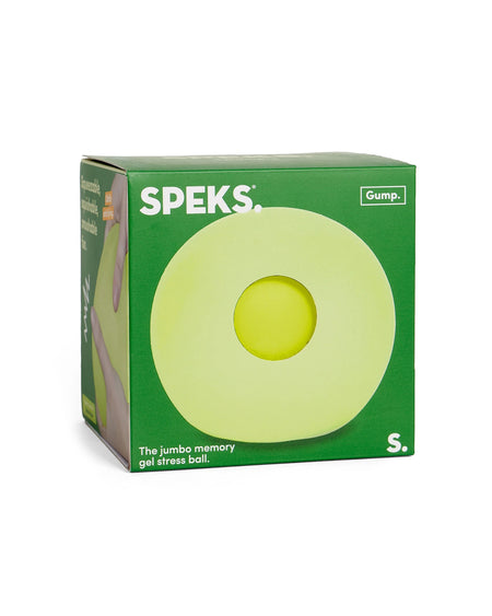 Speks Gump. gel stress ball in lime green, shown in its green retail packaging box against a white background.