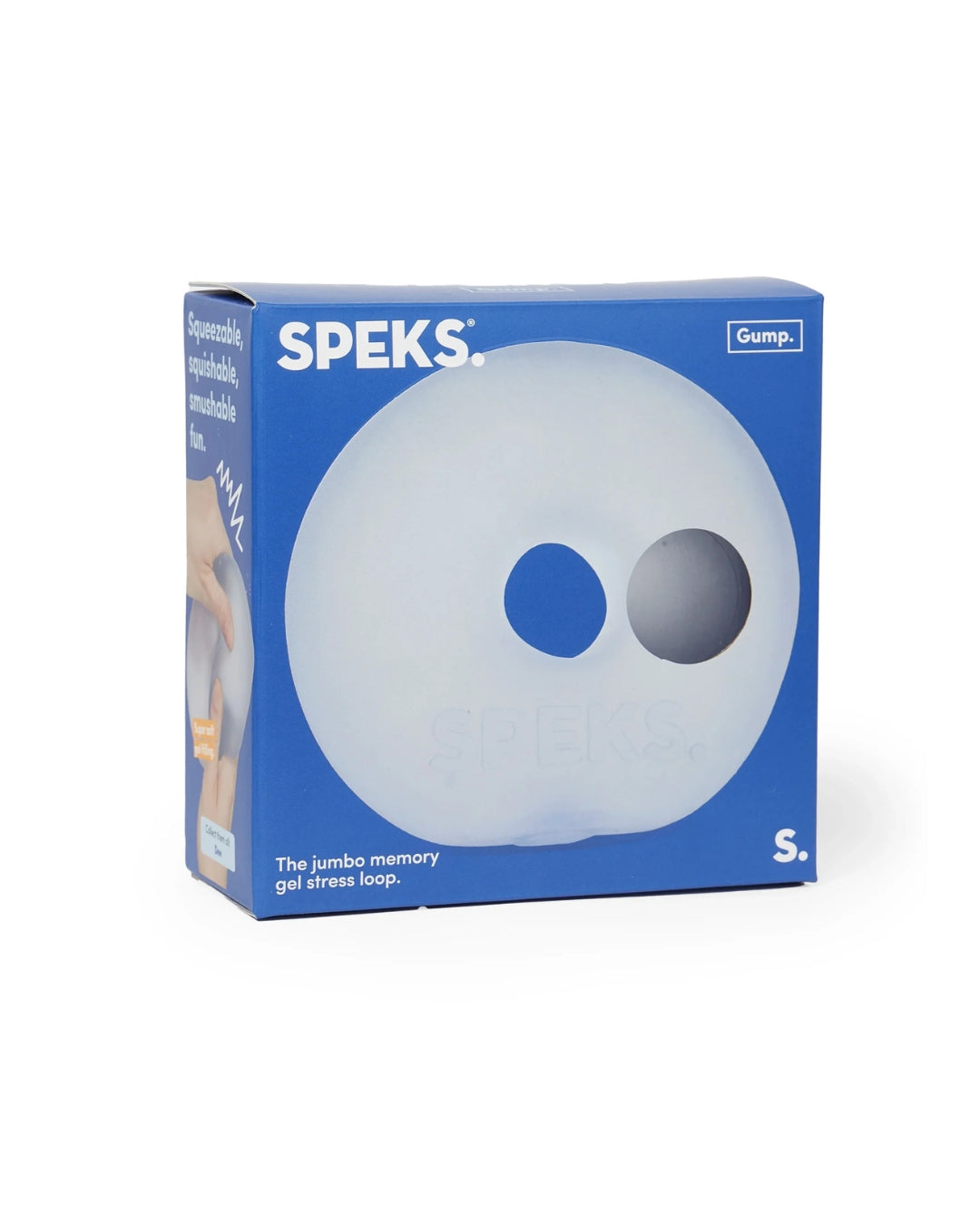 Speks Gump jumbo memory gel stress loop in blue packaging, featuring a white circular gel loop with two circular cutouts on the front of the box.