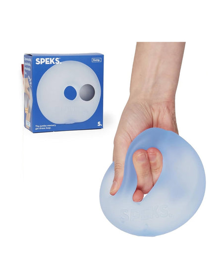 A hand squeezing a translucent light blue Speks stress ball, shown next to its blue retail box on a white background.