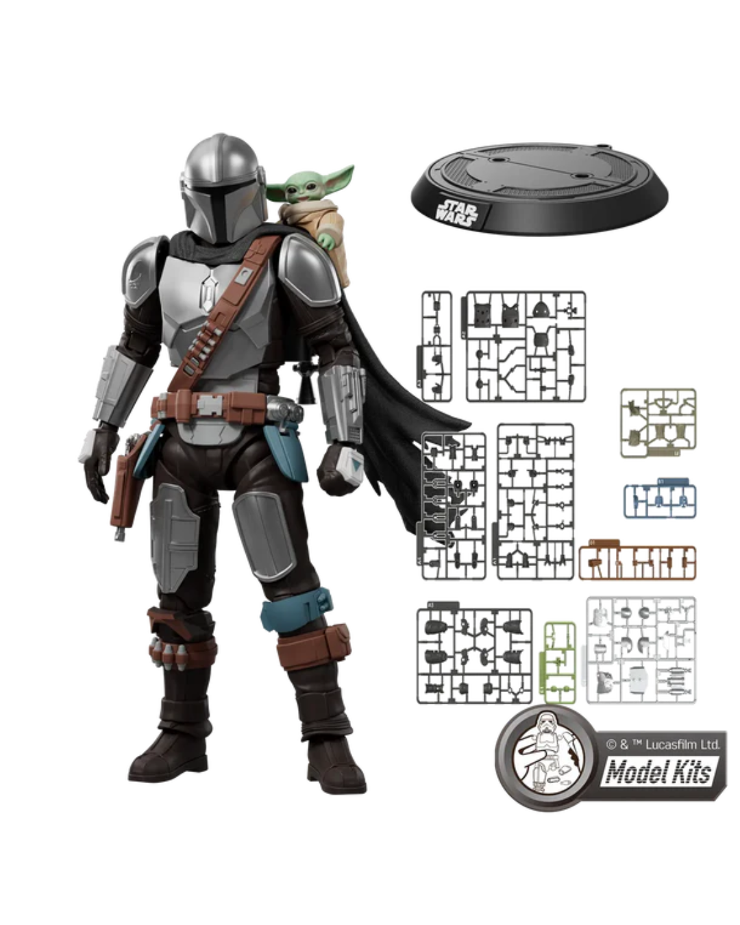 A Star Wars The Mandalorian action figure shown standing on a white background, with accessory parts and a round display base to the right. A Lucasfilm Model Kits logo is visible at the bottom right.