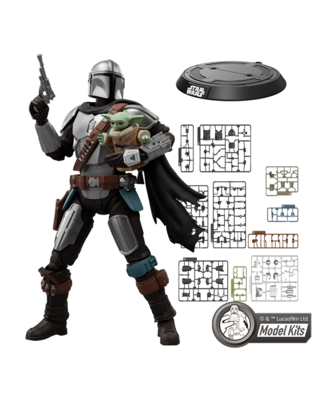 Star Wars The Mandalorian action figure shown with a black display base, small white plastic accessory panels, and a Lucasfilm Model Kits logo badge on a plain white background.