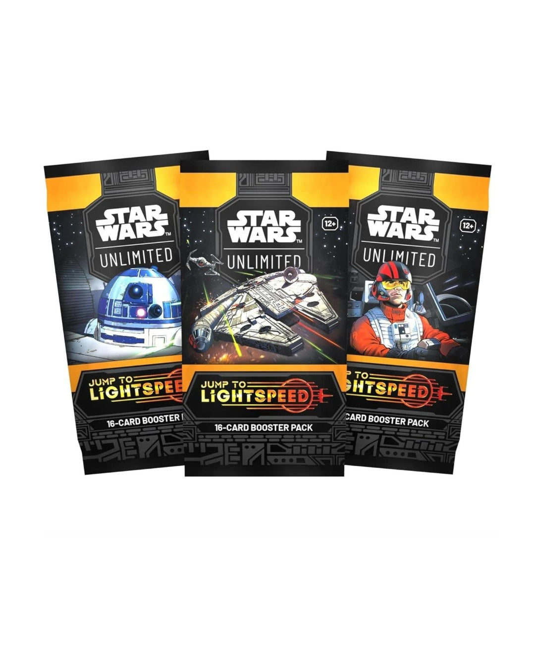 Star Wars Unlimited Jump To Lightspeed 16-card Booster packs displayed on a white background. 