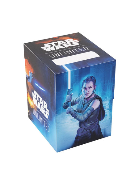 Star Wars Unlimited soft crate featuring Rey with a lightsaber on a blue and black background, shown on a plain white studio background.